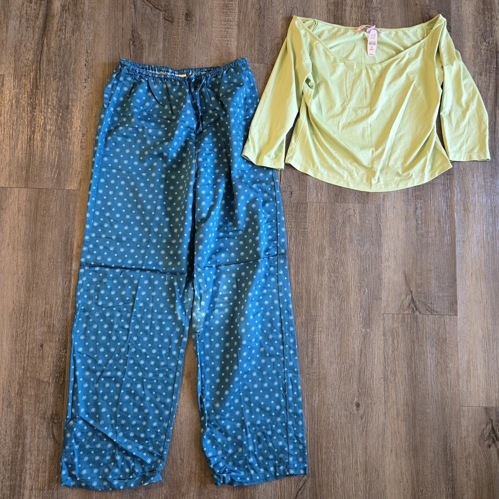 Victoria Secret‎ Pajama Set Green Blue Floral Long Sleeve Pants Sz Medium New